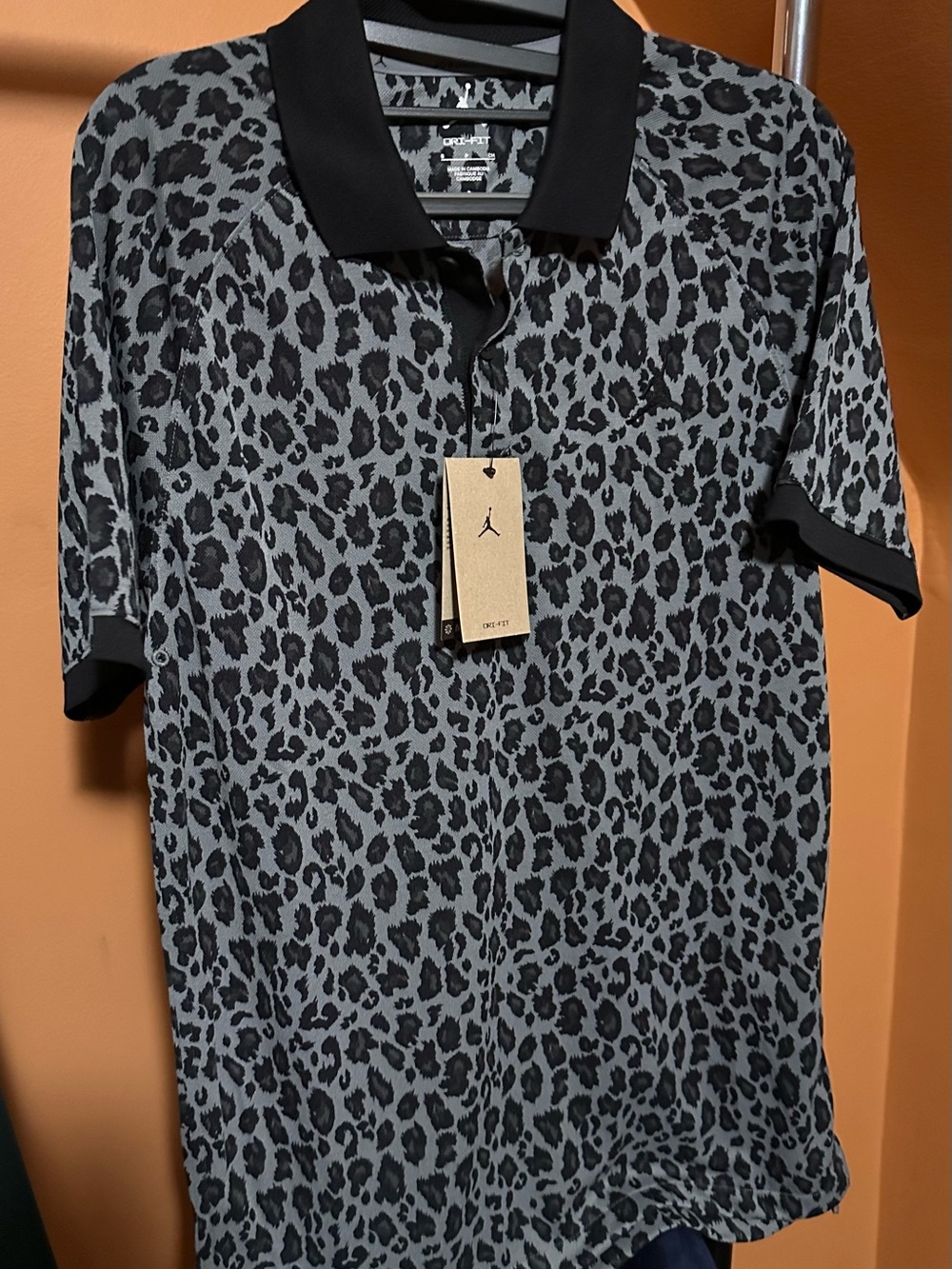 Jordan Men’s Black and Gray Leopard Polo
